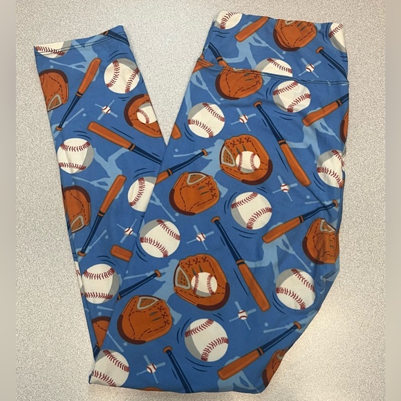 Baseball Print Leggings Ambrie Women’s Curvy Blue Background Bat Ball Glove - Picture 1 of 4